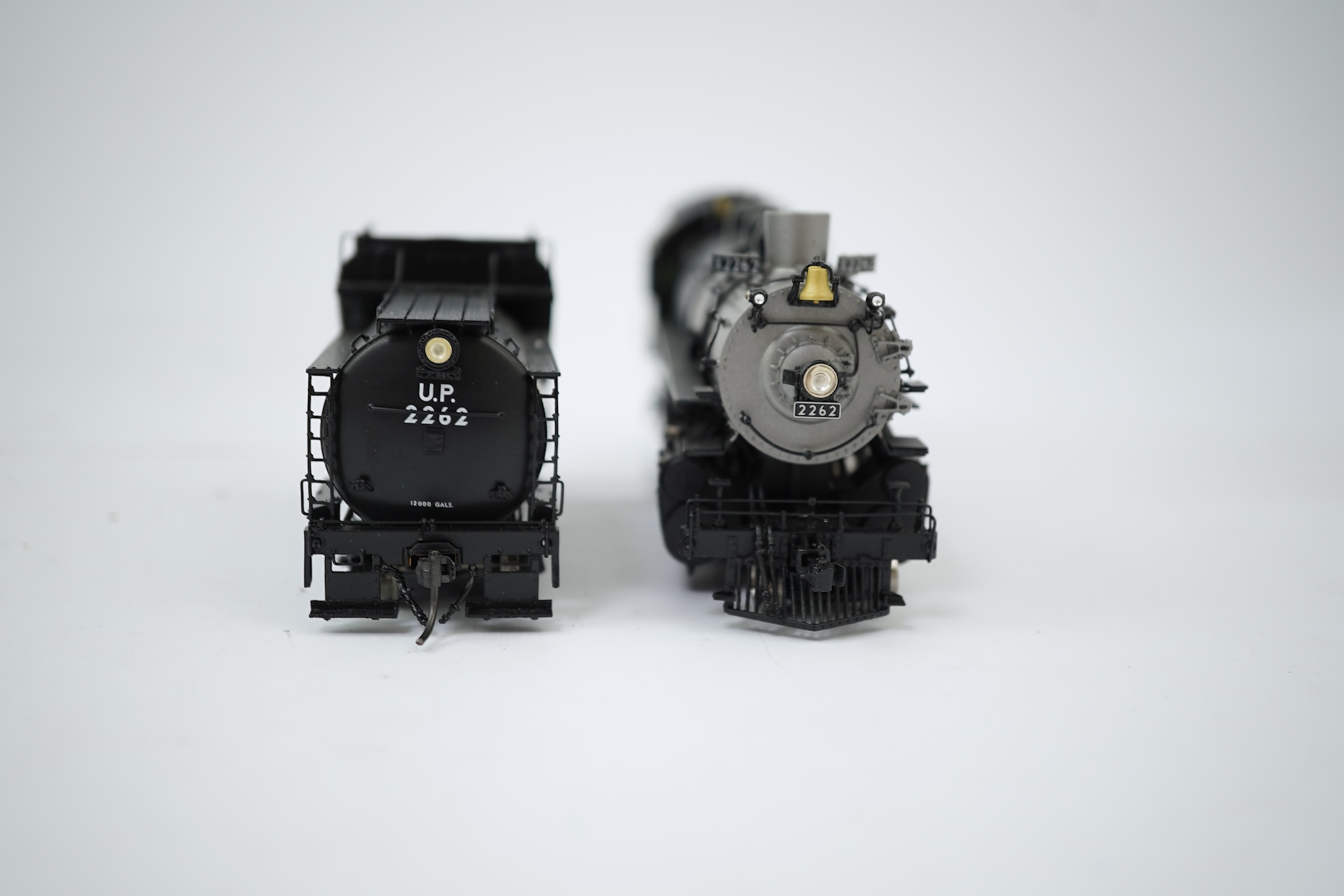 A boxed HO gauge Overland Models Inc. model of Union Pacific MK-7, 2262, 2-8-2 locomotive with bogie tender, powered for two rail operation.